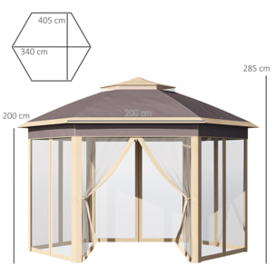 Carpa Plegable 4,05x3,4x2,85 m Cenador de Jardín Hexagonal con Doble Techo 6 Mosquiteras Desmontables Bolsa de Transporte Altura Ajustable en 3 Niveles y Anti-UV para Fiesta Patio Beige