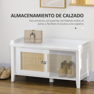 Banco Zapatero con Asiento Mueble Zapatero con Banco 2 Puertas de Ratán Estilo Bohemio Carga 130 kg para Pasillo Entrada 80x35x45 cm Blanco y Natural