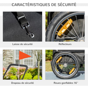 Remorque vélo jogger 2 en 1 pour chien - remorque à vélo pour chien - attache, drapeau, roue AV pivotante, réflecteurs - noir