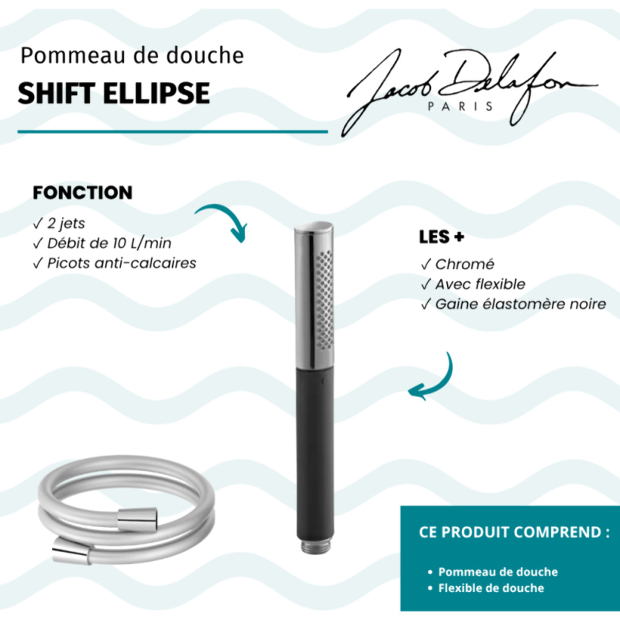 Pommeau de douche 2 jets Shift Ellipse noir et chrome + flexible de douche lisse anti-torsion 160 cm Chrome