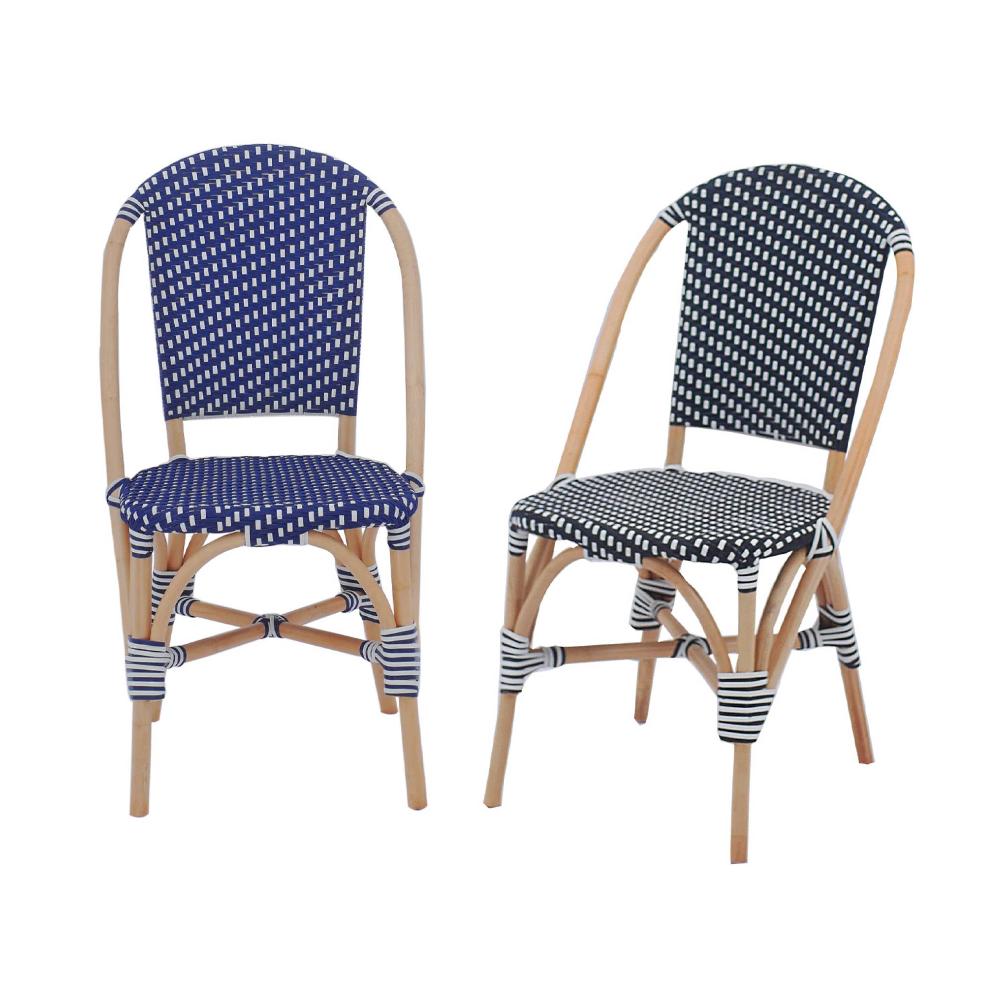 Lot de 2 chaises empilables bistrot en rotin et polyrotin noir et blanc. L 48 x P 58 x H 90cm