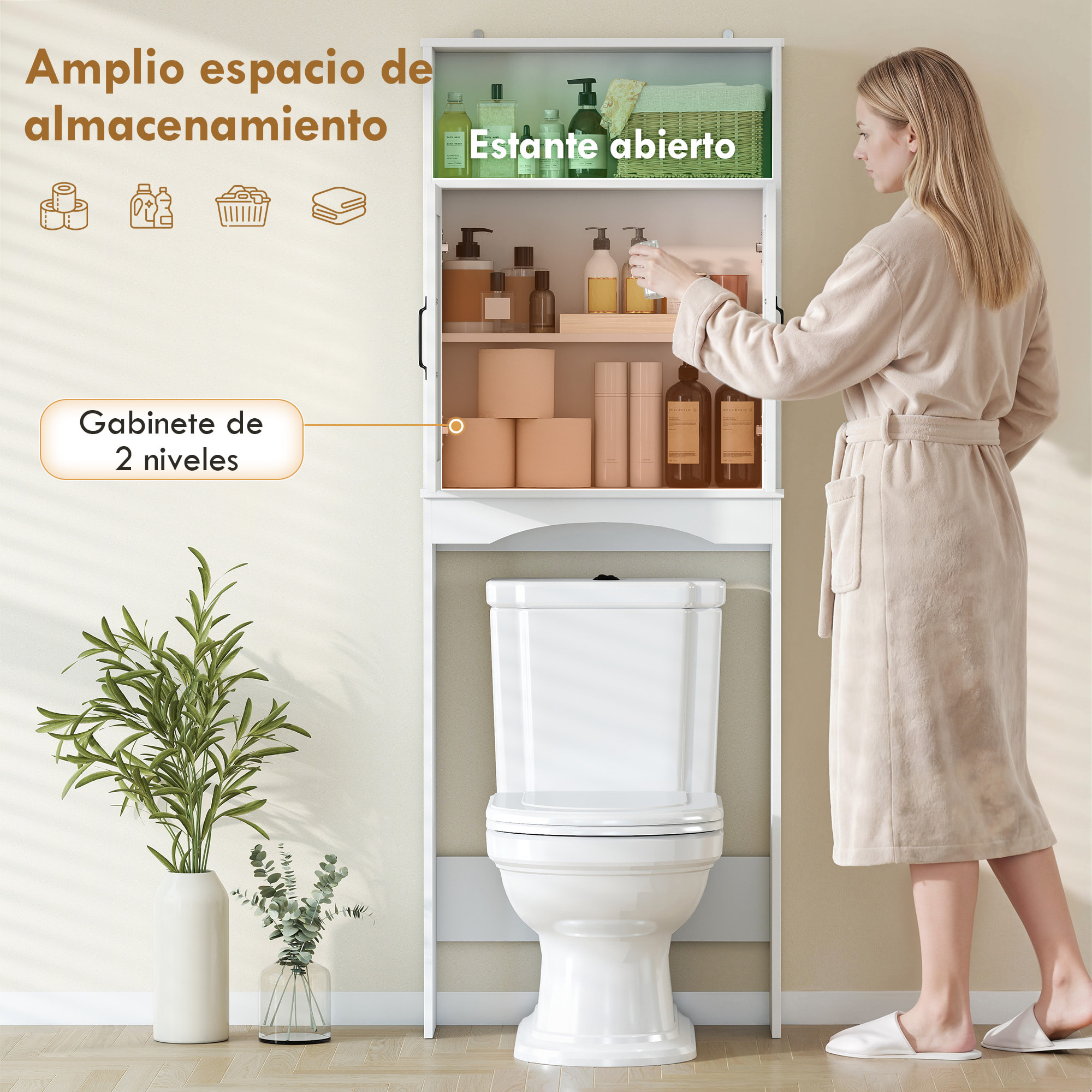 Mueble sobre Inodoro, Armario sobre Inodoro, Mueble de Baño con 2 Puertas de Cierre Silencioso, Estante Abierto para Lavanderías, Espacios Pequeños, 64x21x173,5 cm, Blanco