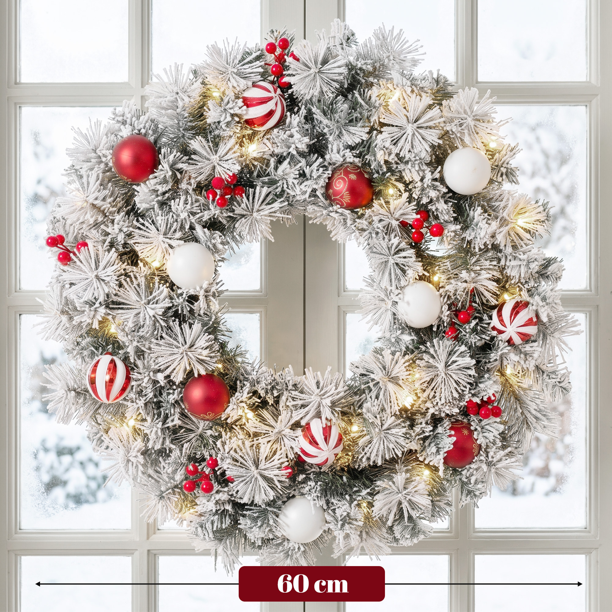 Couronne de Noël LED enneigée décorée dia. 60cm 50LEDs blanc chaud