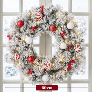Couronne de Noël LED enneigée décorée dia. 60cm 50LEDs blanc chaud