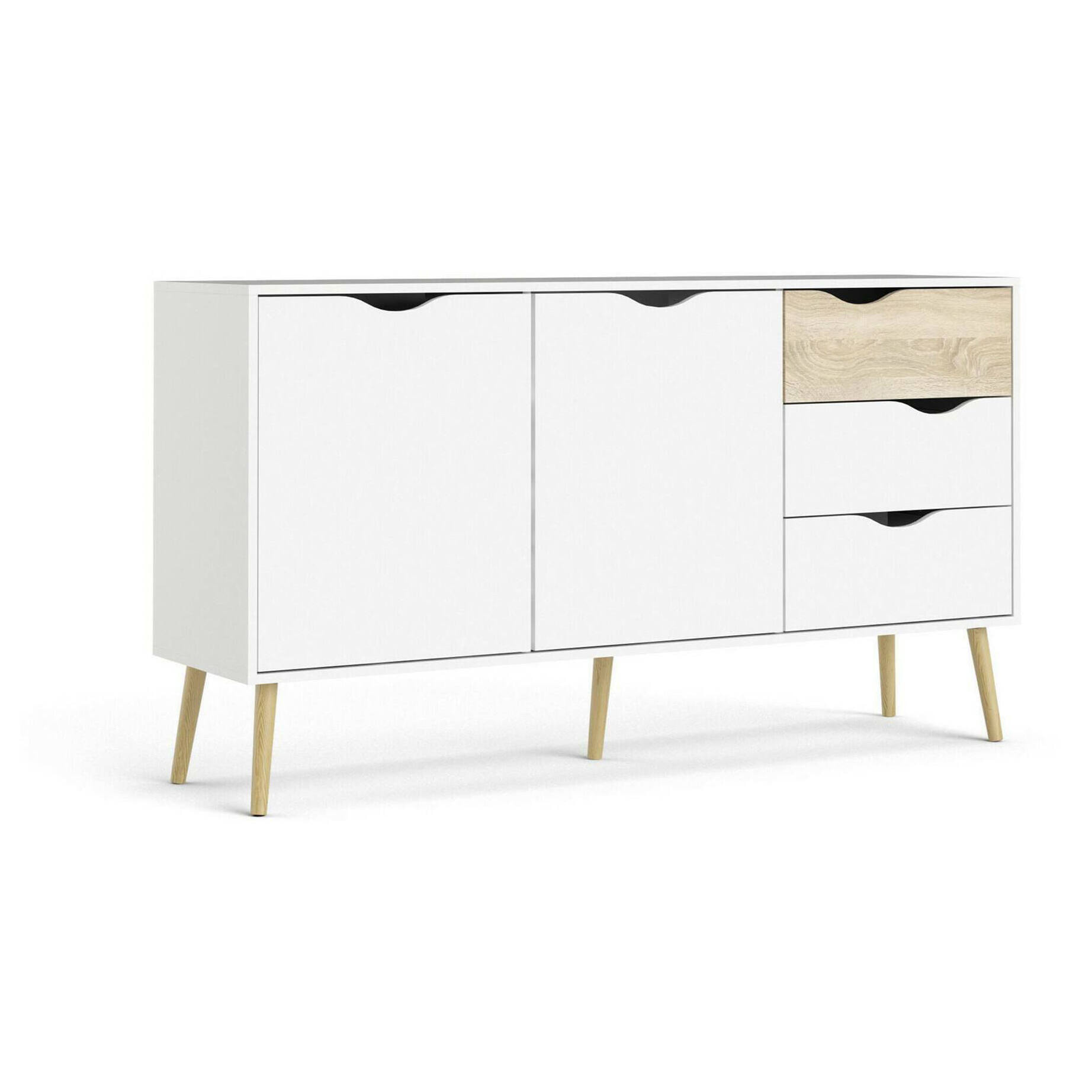 Credenza a due ante e tre cassetti, colore bianco e rovere, Misure 147 x 81 x 39 cm