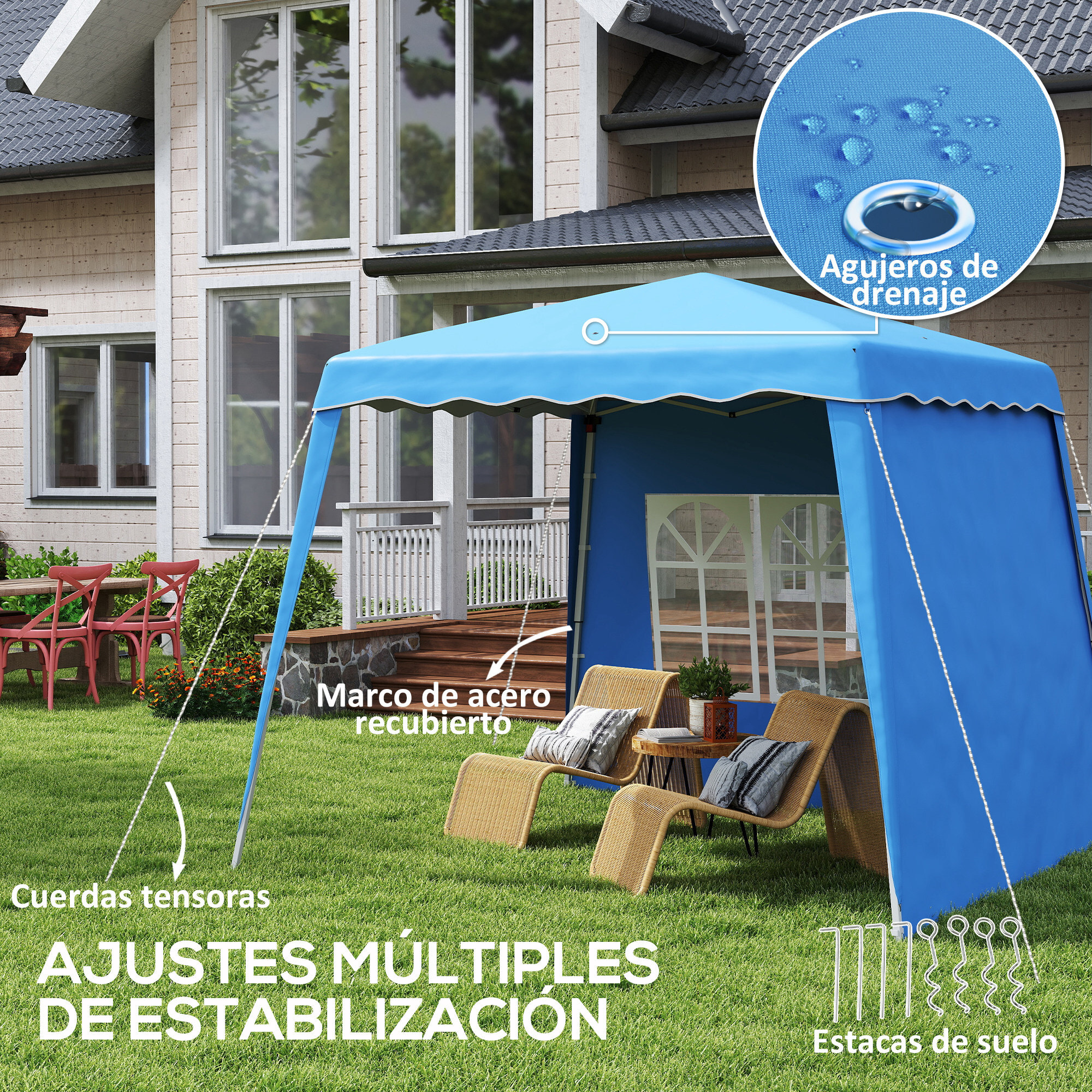 Carpa Plegable Pop-up 3x3 m Cenador Pabellón de Jardín con 2 Paredes Laterales Altura Ajustable y Bolsa de Transporte Protección UV50+ Impermeable Gazebo para Camping Fiestas Exterior Azul