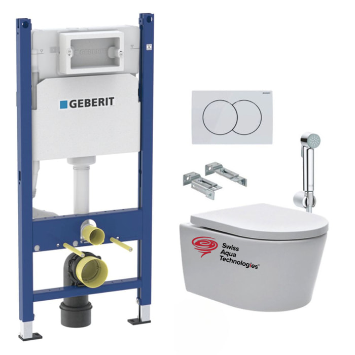 Pack WC sans bride SAT, fixations invisibles + Abattant softclose + Bâti support Geberit UP100 + Plaque + Douchette Grohe