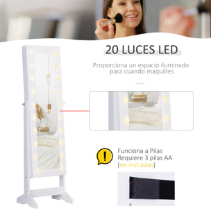 Joyero de Pie con Espejo Luz LED de Madera 40x37x146cm Blanco