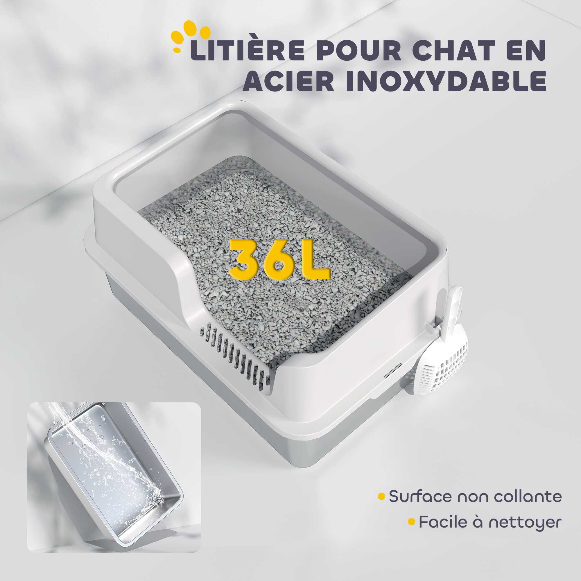 Maison de toilette bac à litière pour chat dim. 60 x 40 x 28 cm acier inox plastique gris clair
