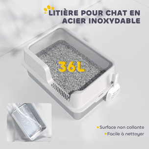 Maison de toilette bac à litière pour chat dim. 60 x 40 x 28 cm acier inox plastique gris clair