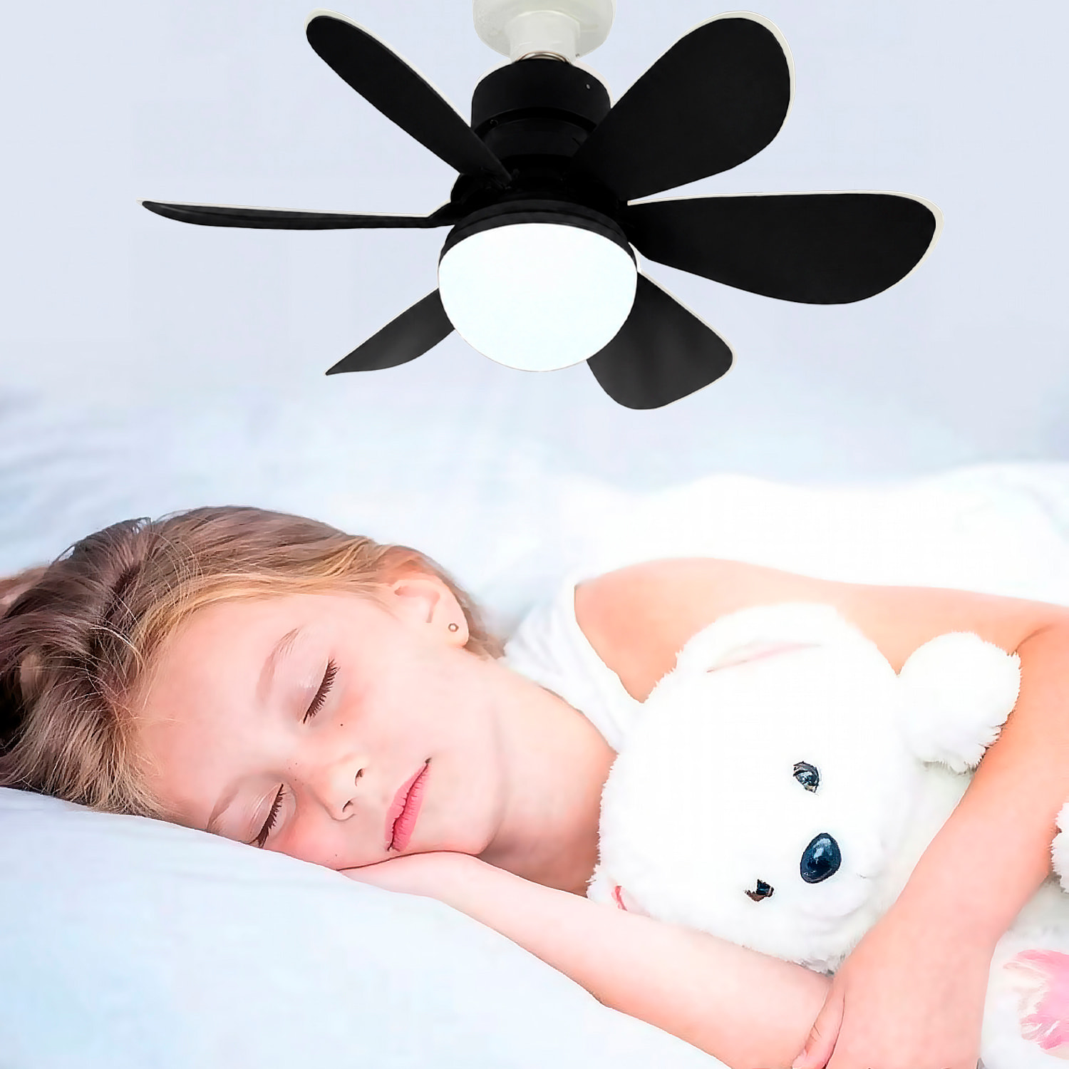 Ventilador de techo FS-HX-R420 de 42 cm. Adaptador E27, 3 velocidades y luz LED regulable de 12 W. Incluye mando a distancia.