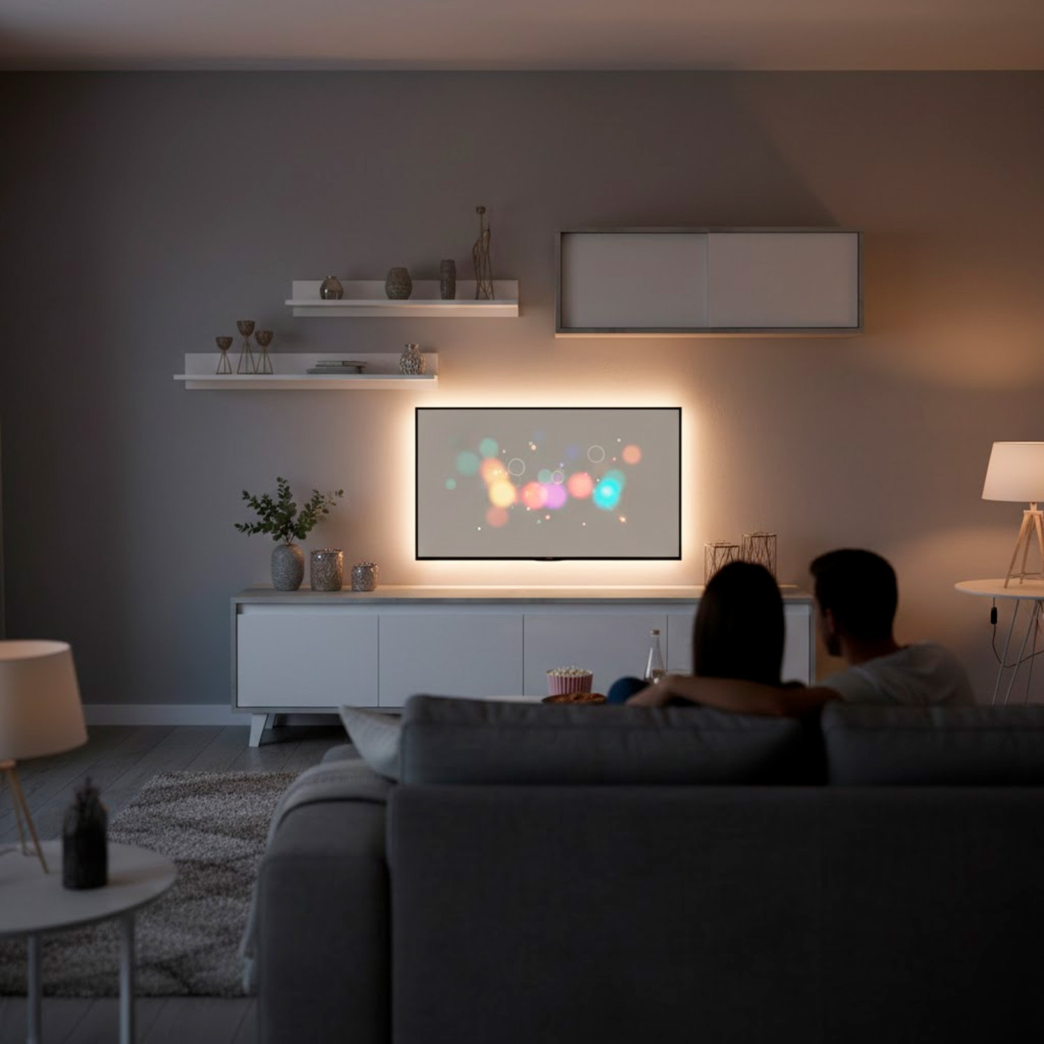 Parete Attrezzata Mobile Porta TV Con Pensile E Mensole Set Da Soggiorno Design Moderno Per Televisori Fino A 77” 200x41x50 Cm Bianco E Grigio Cemento
