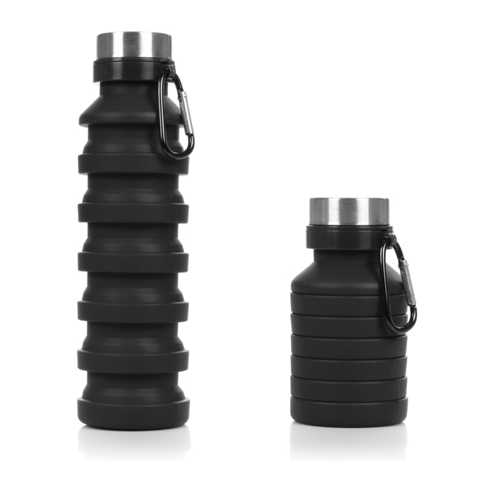 Bottiglia sportiva pieghevole in silicone. 470 a 550ml, priva di BPA, tappo a vite in acciaio inossidabile.