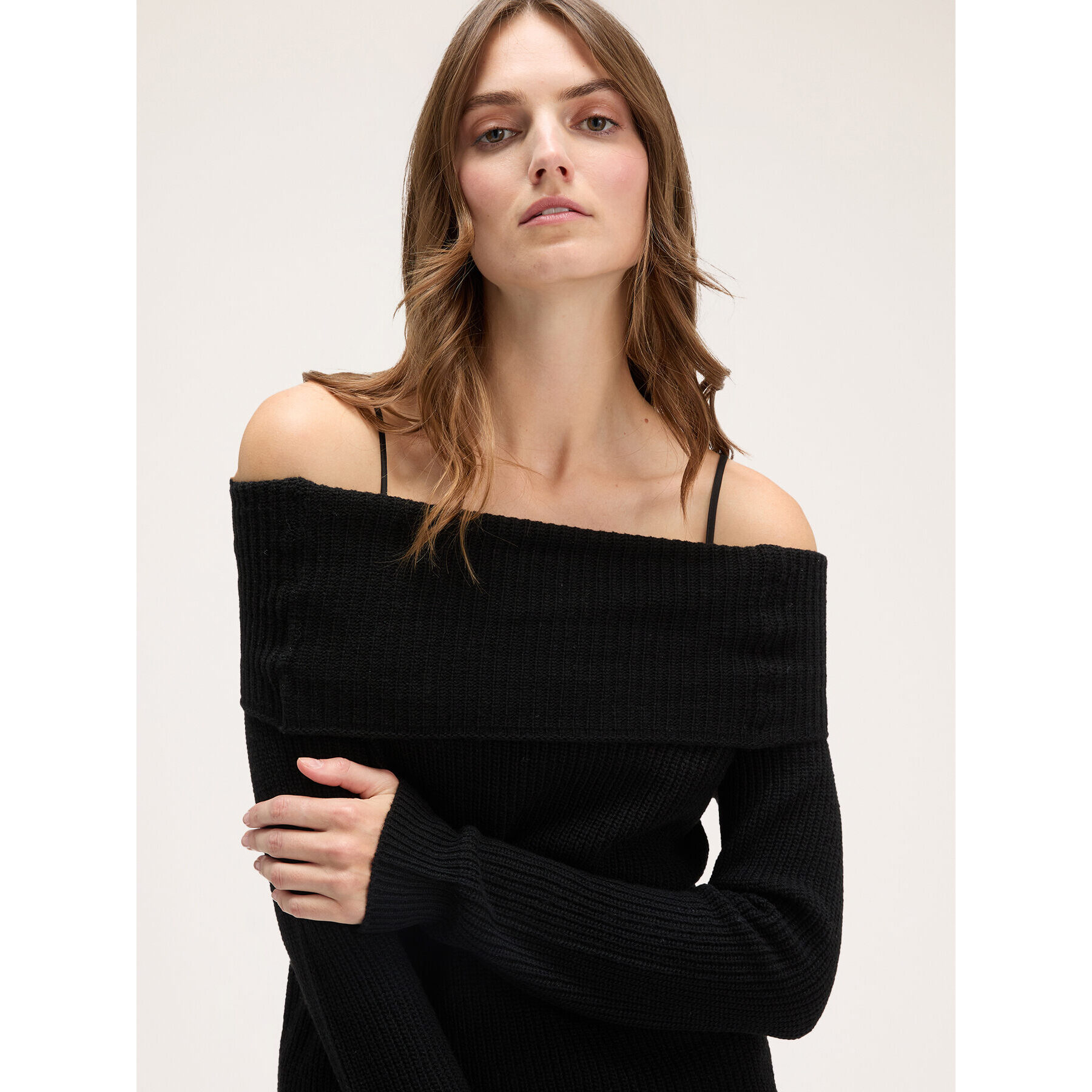 Motivi - Vestito in maglia off-shoulder con sottoveste - Nero