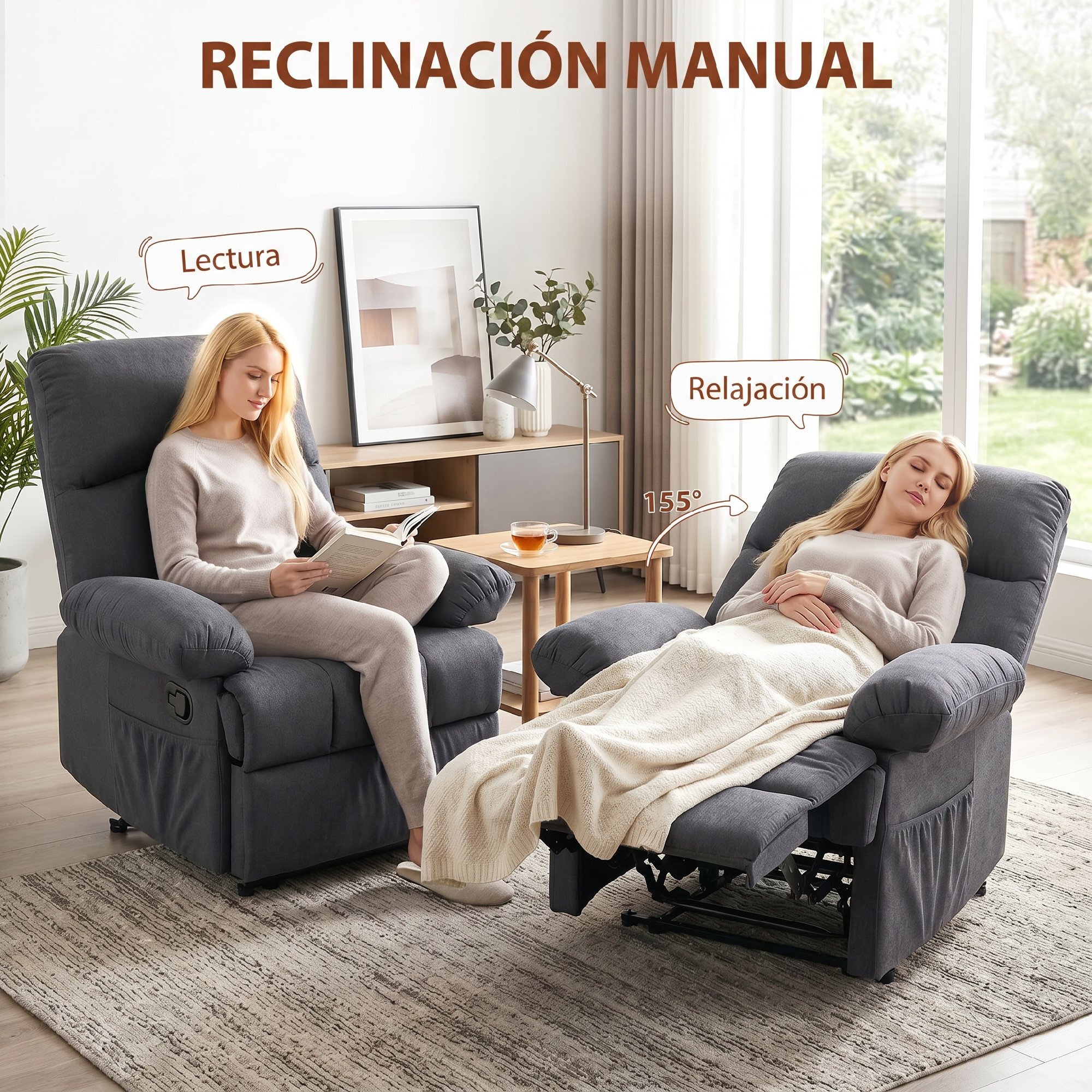Sillón de Masaje, Sillón Relax Reclinable con 8 Puntos de Masaje, Función Calefacción Lumbar, Mando a Distancia, Asiento con Muelles, Bolsillos Laterales, Tejido Efecto Lino, Gris Oscuro