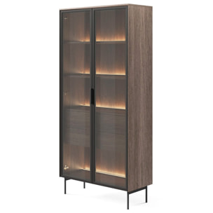 Vetrina Con 2 Ante In Vetro 3 Ripiani e 2 Cassetti Interni Design Moderno con Led Integrato 88.2 x 38 x 193.8 cm Rovere Scuro