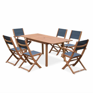 Table de jardin extensible bois d'eucalyptus + 6 assises - Almeria - Table 120/180cm avec rallonge. 2 fauteuils et 4 chaises. en bois d'Eucalyptus huilé et textilène anthracite