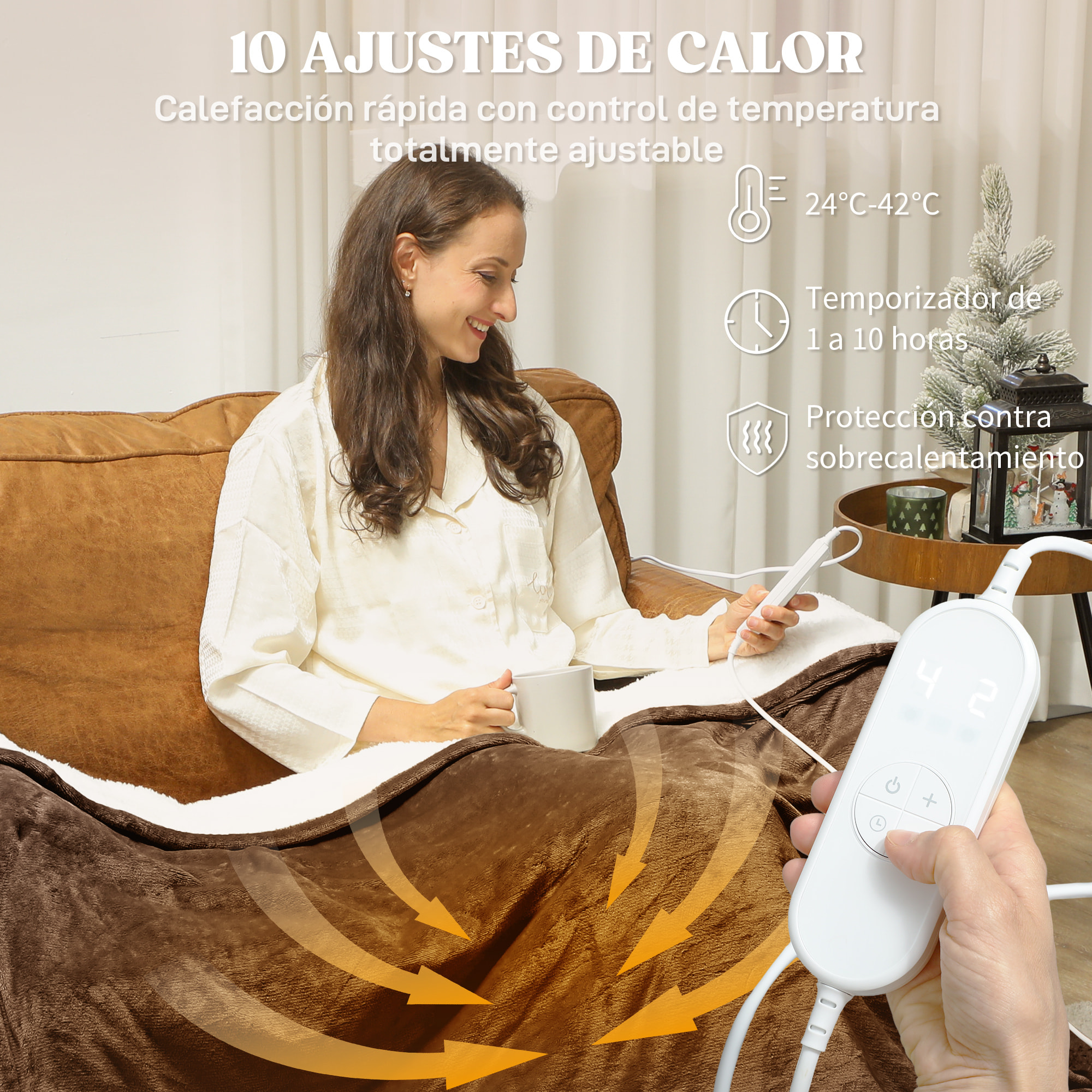 Manta Eléctrica Grande, Manta Térmica Sofá, 180x130 cm, Tejido Suave, 10 Niveles de Temperatura, Temporizador, Lavable en Lavadora, Protección contra Sobrecalentamiento, Marrón