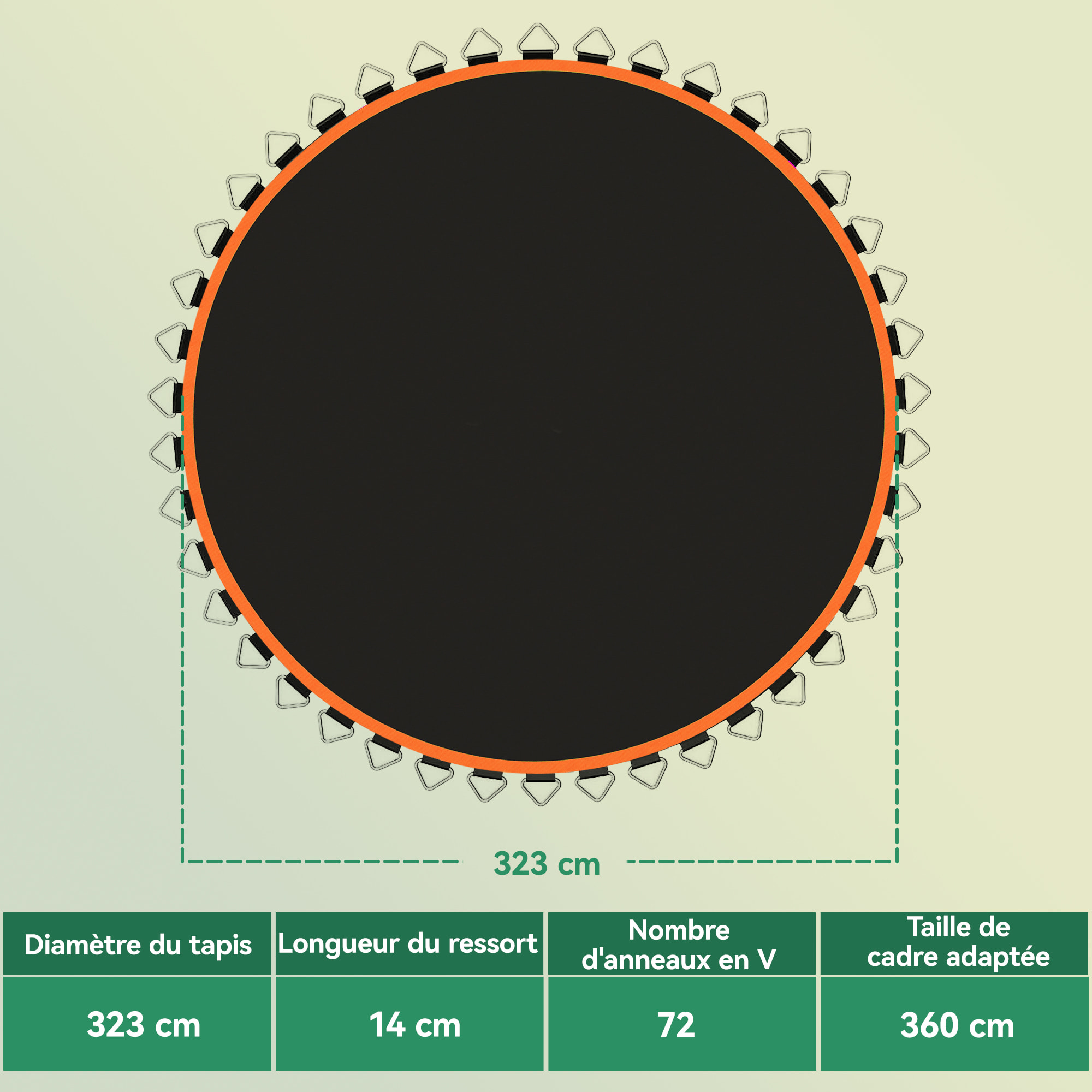 Tapis de rechange trampoline Ø 3,7 m ressorts 14 cm outil 72 crochets en V inclus orange noir