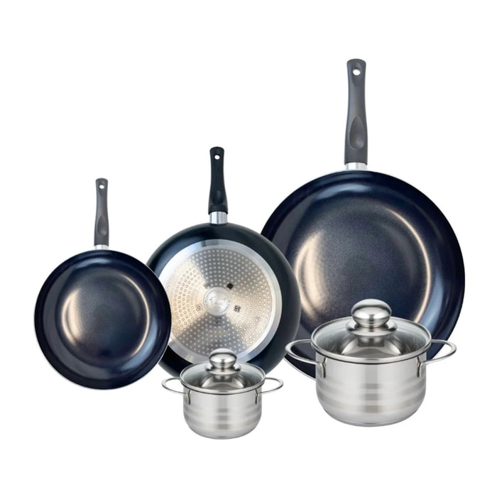 Ensemble de 3 Poêles de cuisson 20, 24 et 32 cm et 2 faitouts 12 et 16 cm Elo Prima Brillant