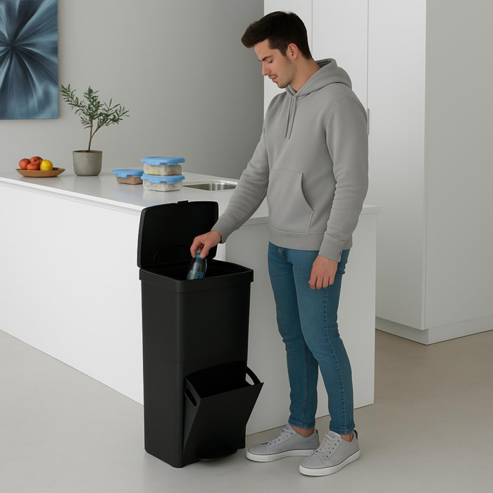 Cubo de basura o reciclaje 70l en negro, vertical, en 2 compartimentos, papelera para residuos, 76 cm de altura, fácil gestión, negro antracita
