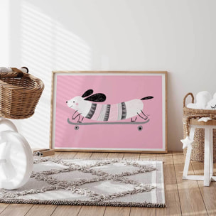 Affiche enfant chien rose  Affiche + cadre en bois - Chêne