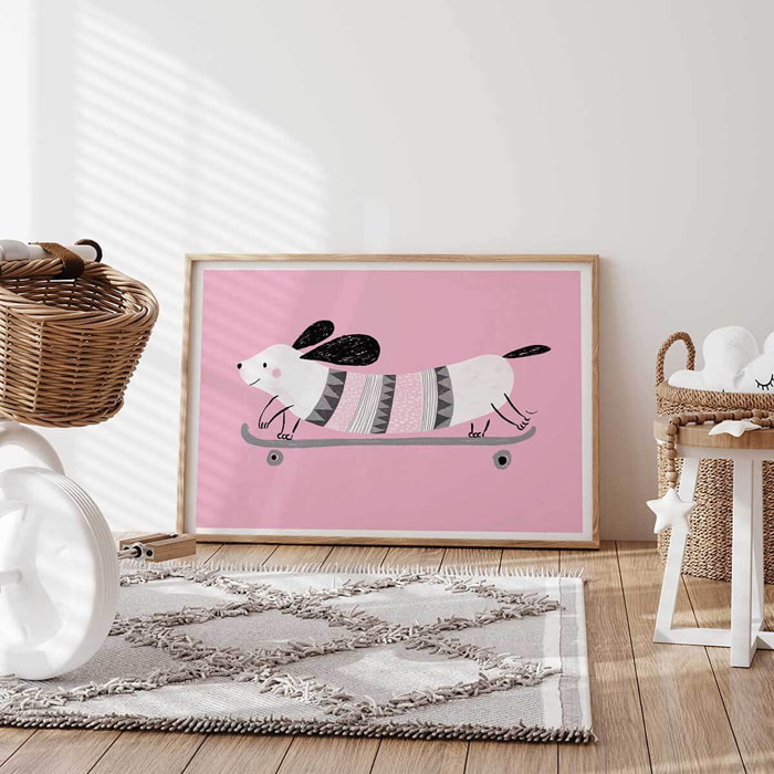 Affiche enfant chien rose  Affiche + cadre en bois - Chêne