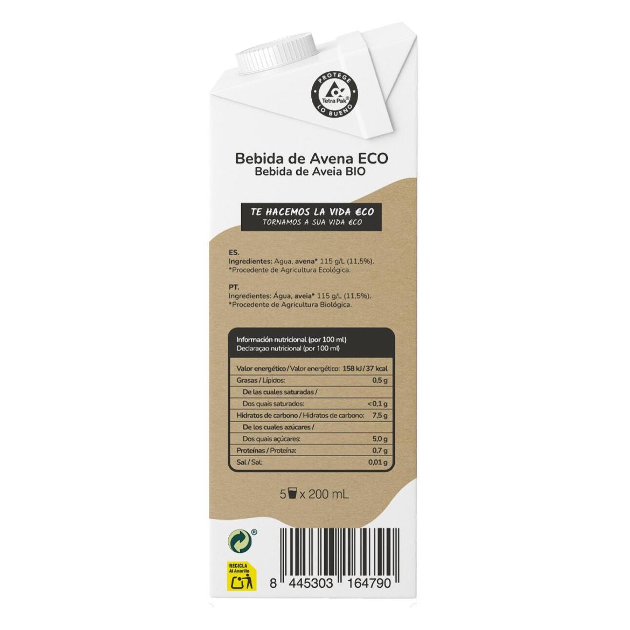 PLANETA HUERTO | Pack 12x Bebida de Avena ECO 1L Bebida Vegetal Natural, Sin Azúcar Ni Sal Añadida, Con Ingredientes 100% Ecológicos y Envase Sostenible