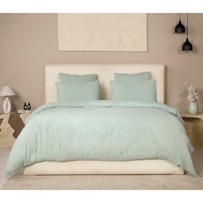 Parure housse de couette gaze de coton lavé vert givrée