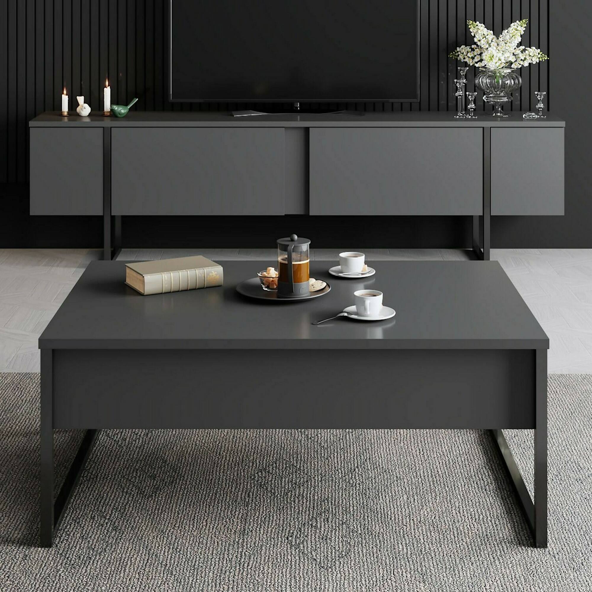 Mobile porta TV Abishia, Credenza da soggiorno, Armadio basso per TV, Base parete attrezzata, 180x30h50 cm, Antracite e Nero