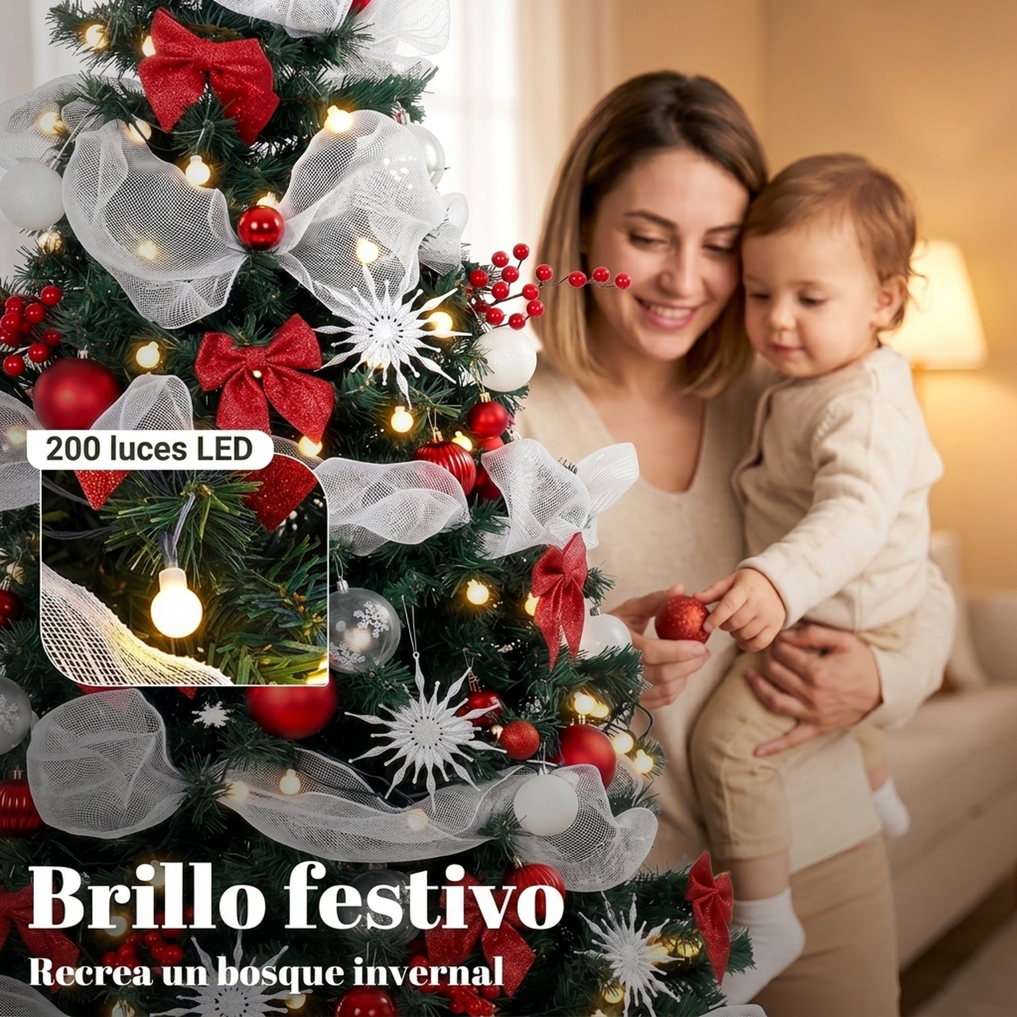 HOMCOM Árbol de Navidad con 200 LED Blanco Cálido 180 cm Árbol de Navidad Predecorado, 800 Ramas Abatibles, 8 Modos, Bolas, Cintas, Lazos, Mando, Base Metálica Plegable, Funciona con USB, Verde y Rojo
