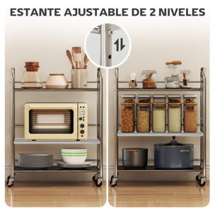 Carrito Auxiliar con Ruedas de Acero Inoxidable, Carro de Servicio de 3 Niveles con Estante Ajustable, 2 Ruedas con Freno, Carrito para Cocina, Restaurante, Hotel, 60x35x77 cm, Plata