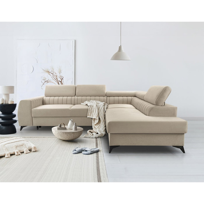 Aneta - canapé d'angle droit 5 places - convertible avec coffre et têtières - en velours - Beige