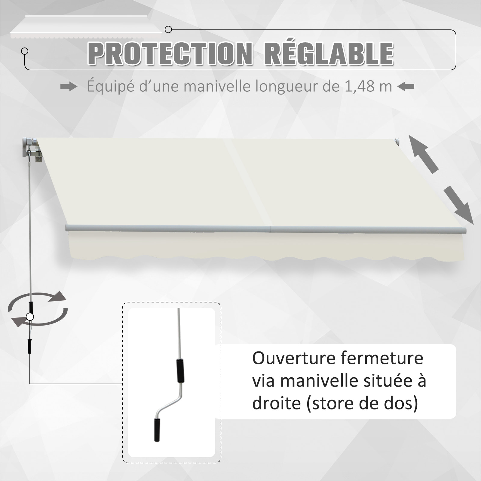 Store banne manuel rétractable aluminium polyester imperméabilisé 3L x 2,5l m crème