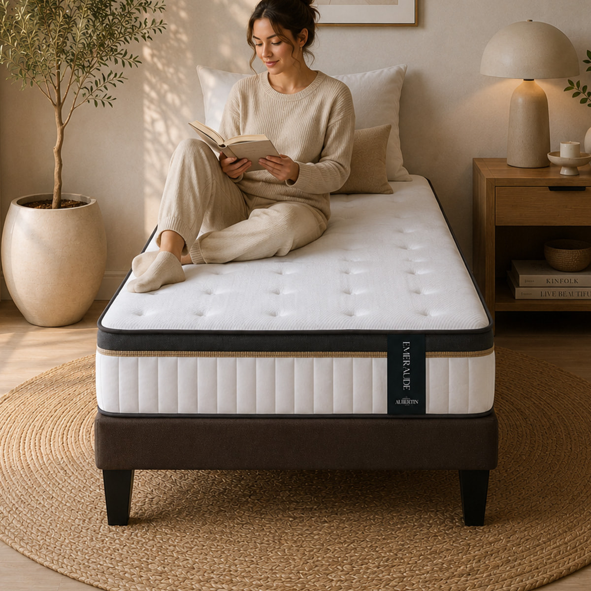 Ensemble Matelas Émeraude & Sommier Kit Tissu, Mémoire de Forme & Air System, 24 cm, Accueil Moelleux, Soutien Ferme