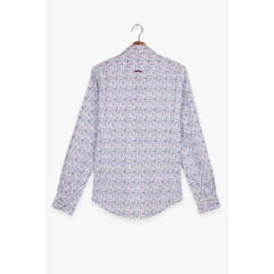 Camicia Uomo 2 Bottoni Button Down Slim Popeline Stampato Bianco e Blu