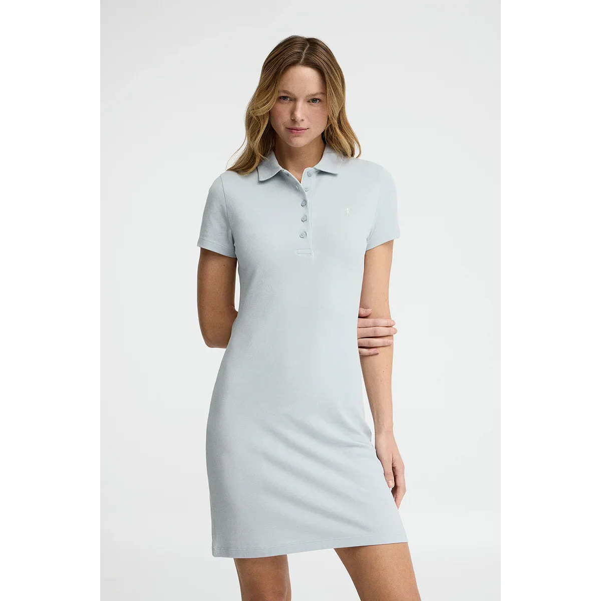 Vestito corto azzurro con maniche corte, colletto a polo e logo Rigby Go