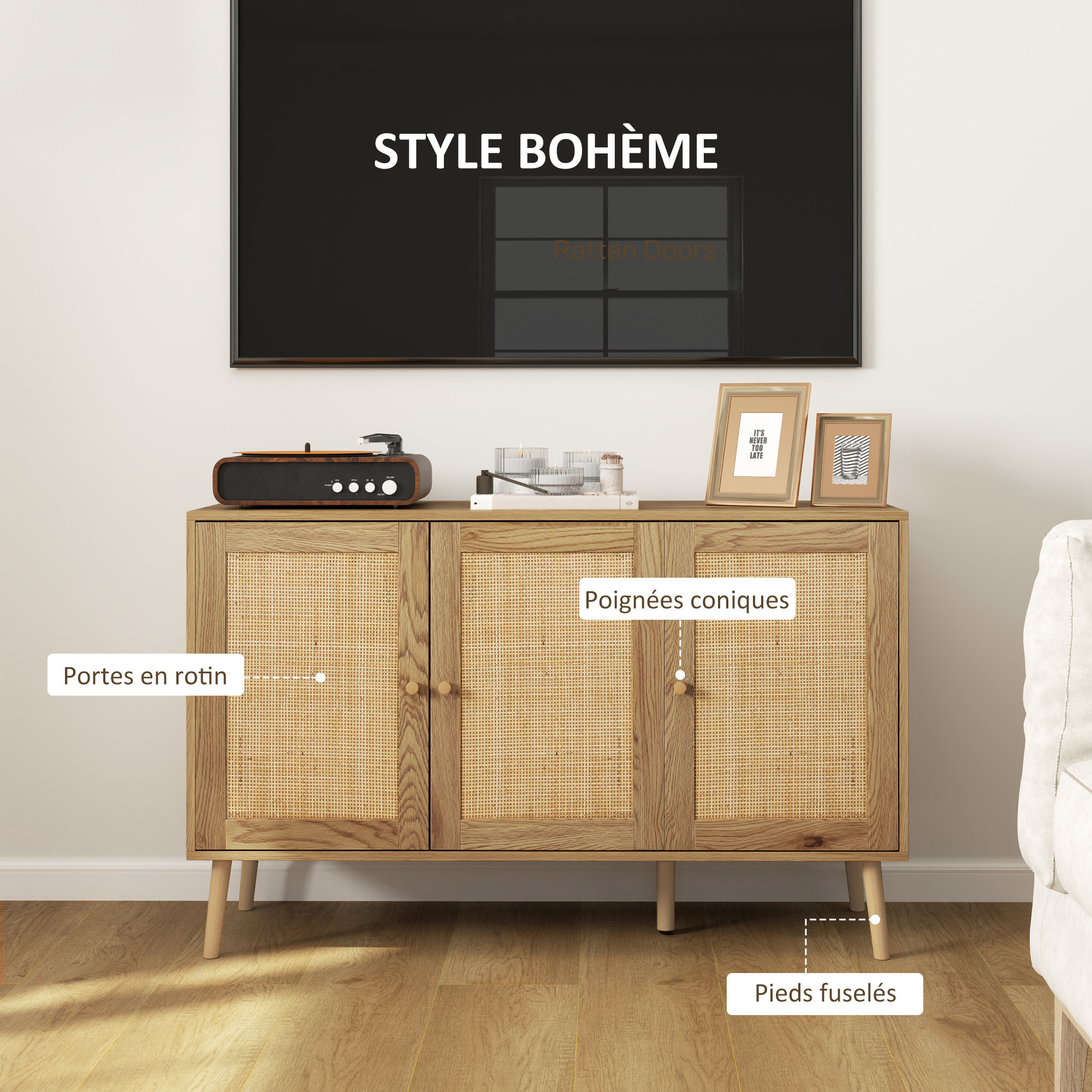 Buffet style cosy chic rotin - 3 portes, 2 étagères - dim. 120L x 40l x 75H cm - effet bois naturel