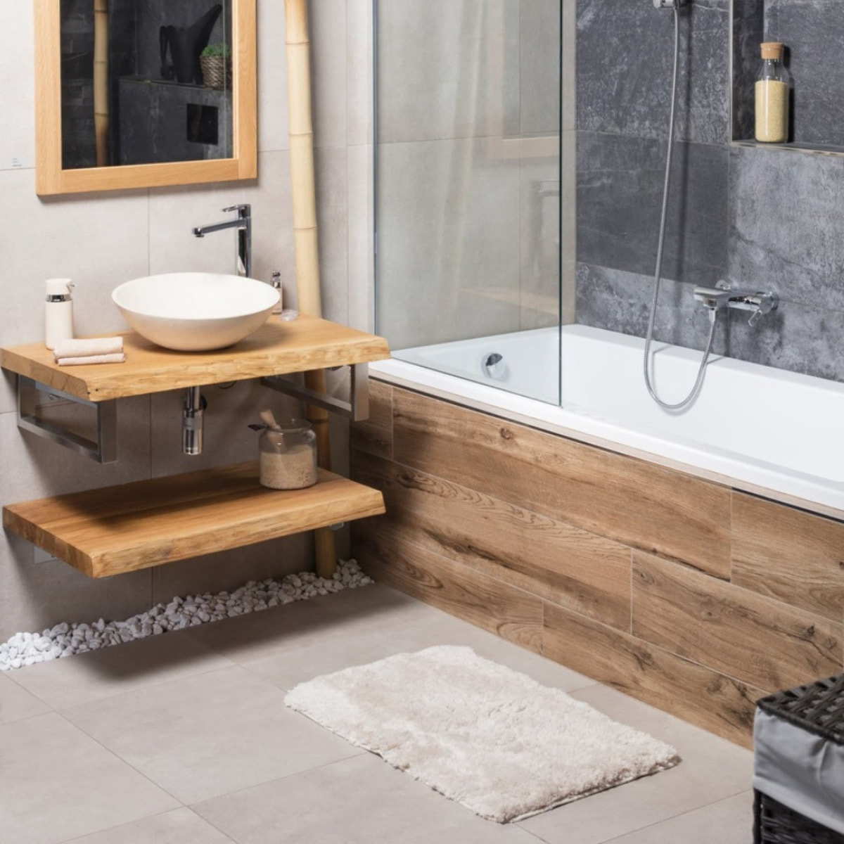Infinitio 80x50 cm tapis de salle de bain en polyester, beige (SATDPRED02BE)
