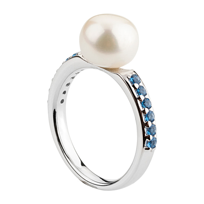 PERLAVIVA - Anello Solitario in Argento 925 placcato Oro Bianco 18Kt con Cubic Zirconia Blu e Perla Bianca d'Acqua Dolce Ø 9 mm