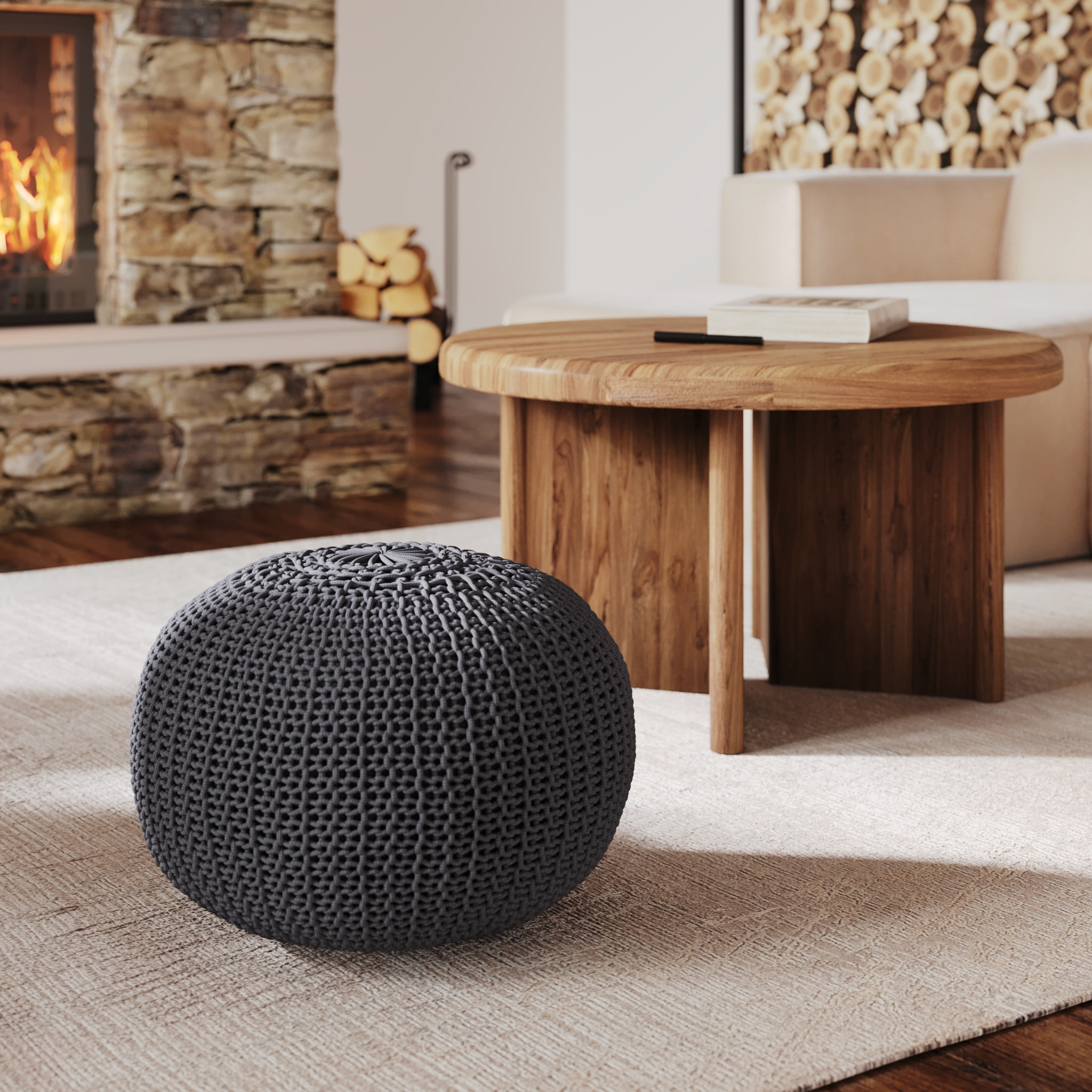 Pouf tricot rond en coton gris foncé  D40 cm - Elisa
