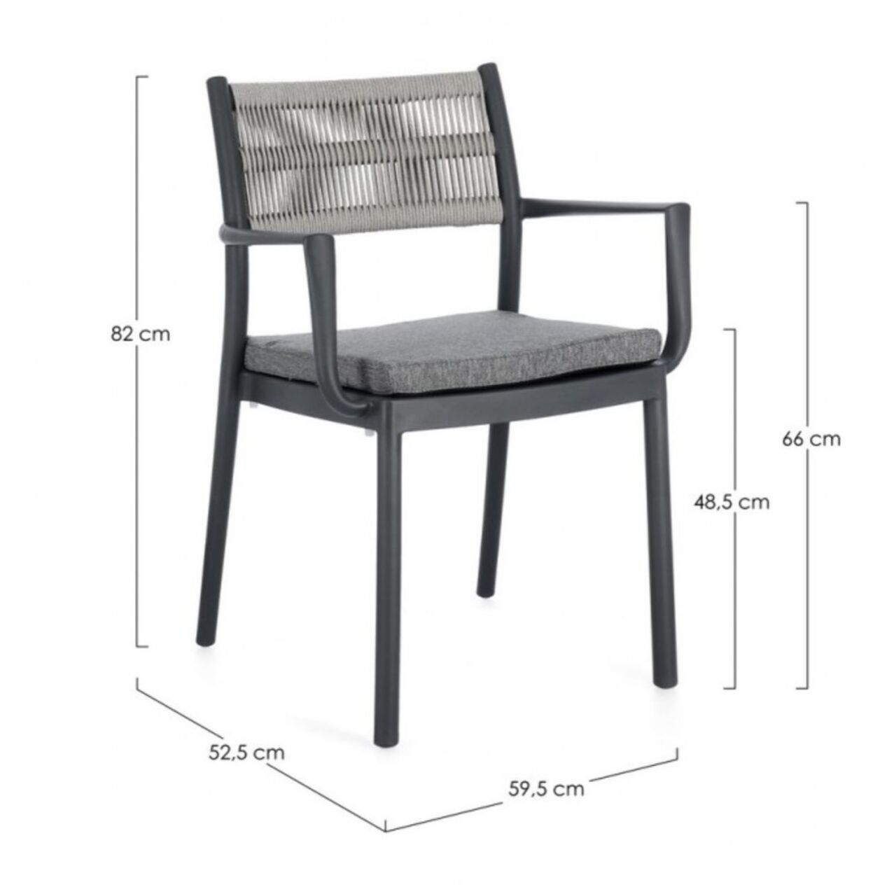 Set di 4 sedie ALVIN in polipropilene antracite e corda intrecciata grigio chiaro, con braccioli