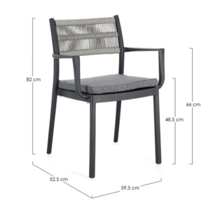 Set di 4 sedie ALVIN in polipropilene antracite e corda intrecciata grigio chiaro, con braccioli