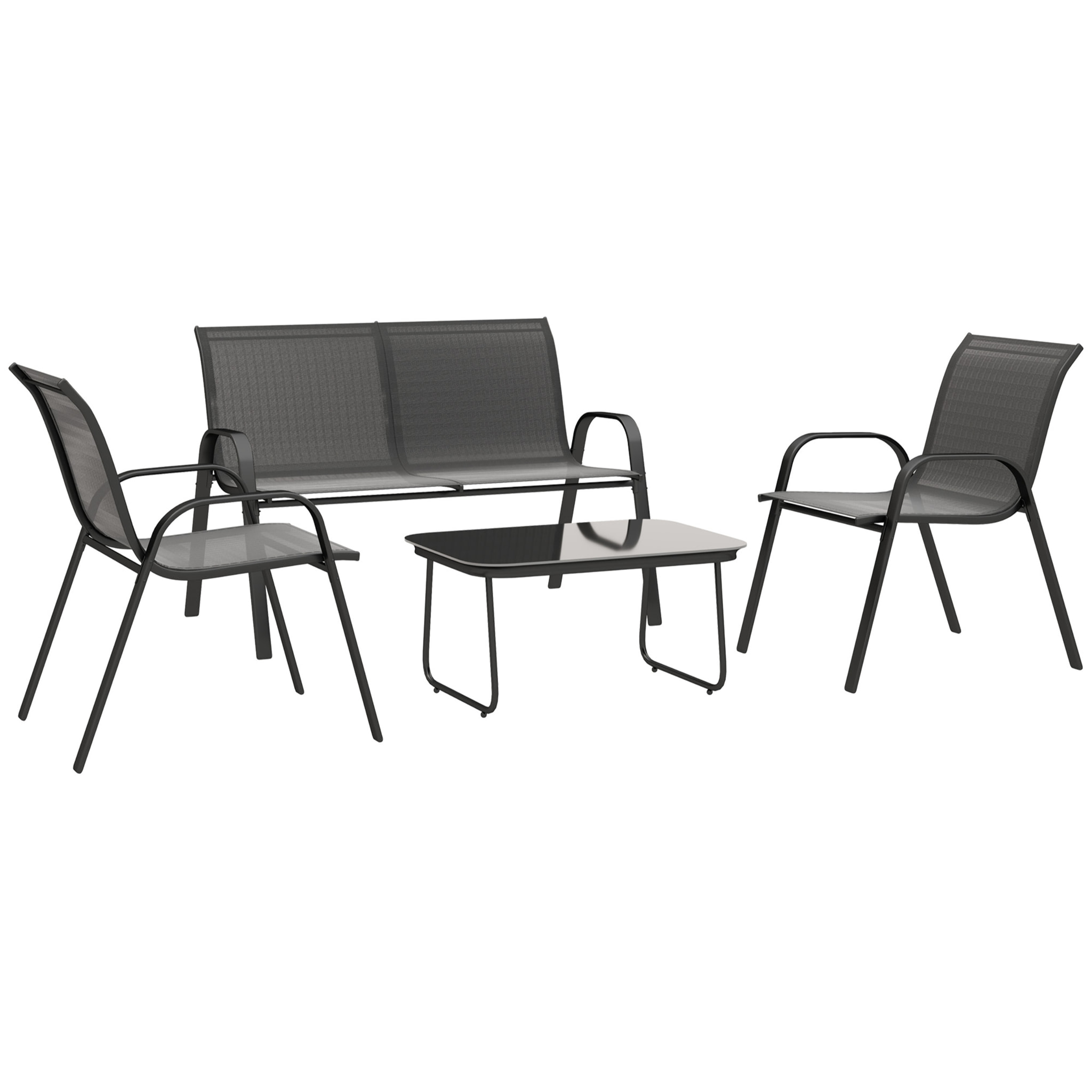 Conjunto de Jardín Exterior 4 Piezas Muebles Jardín Exterior con 2 Sillones Apilables 1 Sofá de 2 Plazas y Mesa de Centro con Tablero de Vidrio Templado Negro