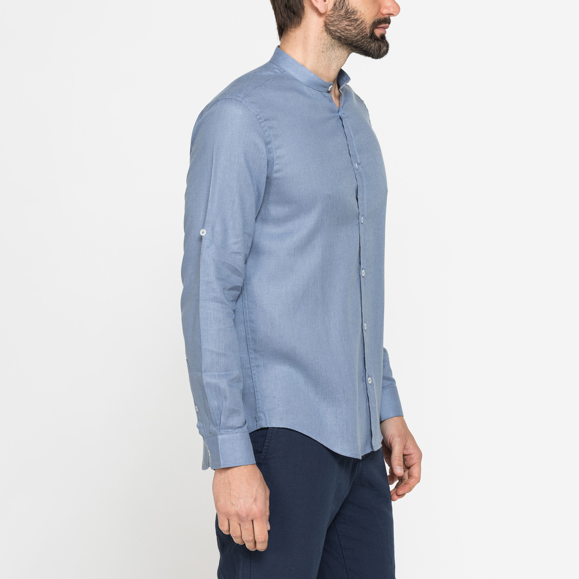 CAMICIA COREANA IN MISTO LINO E LYOCELL A TINTA UNITA