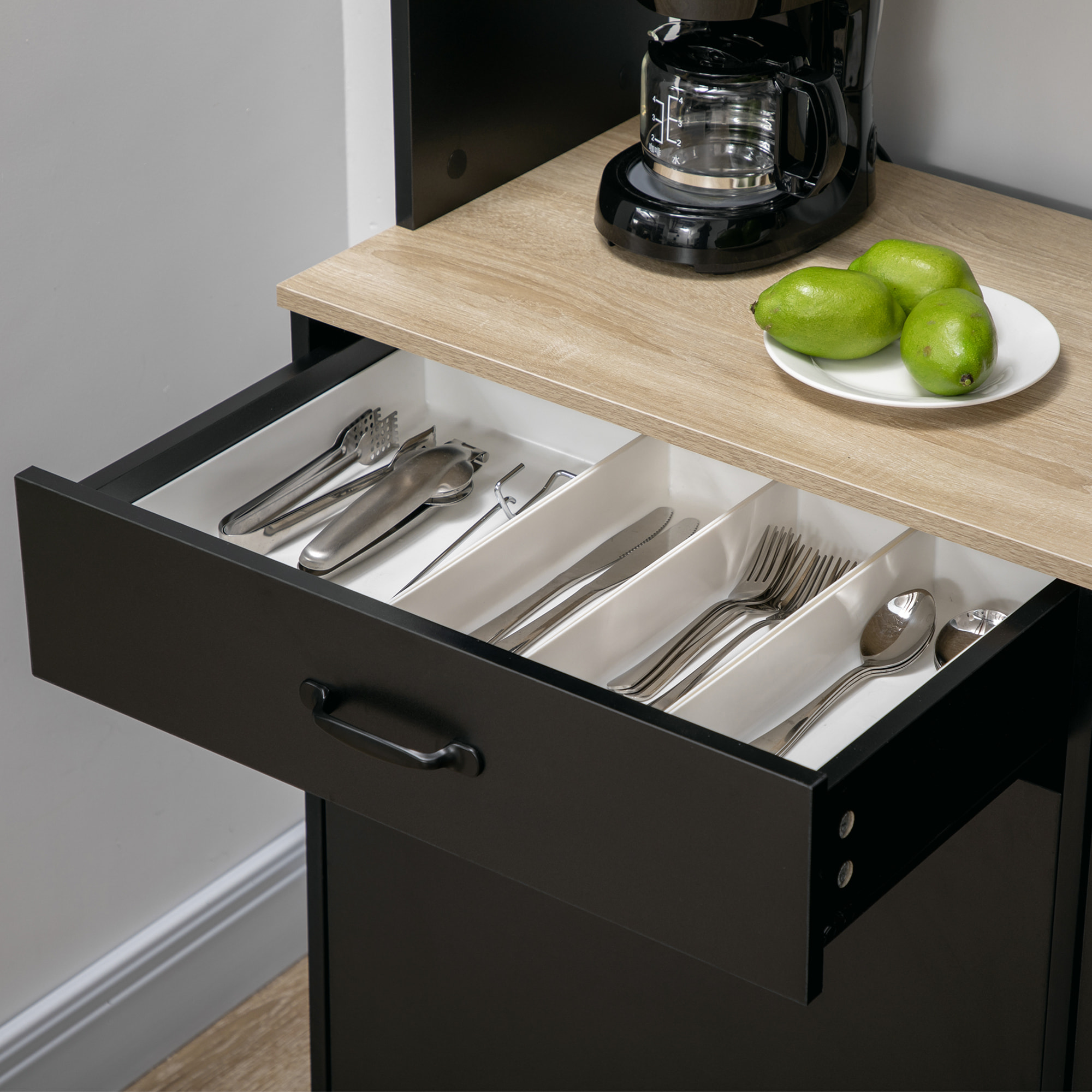 Buffet haut design industriel multi-rangement - 3 portes avec étagère, tiroir, niche, grand plateau - piètement métal noir aspect chêne clair