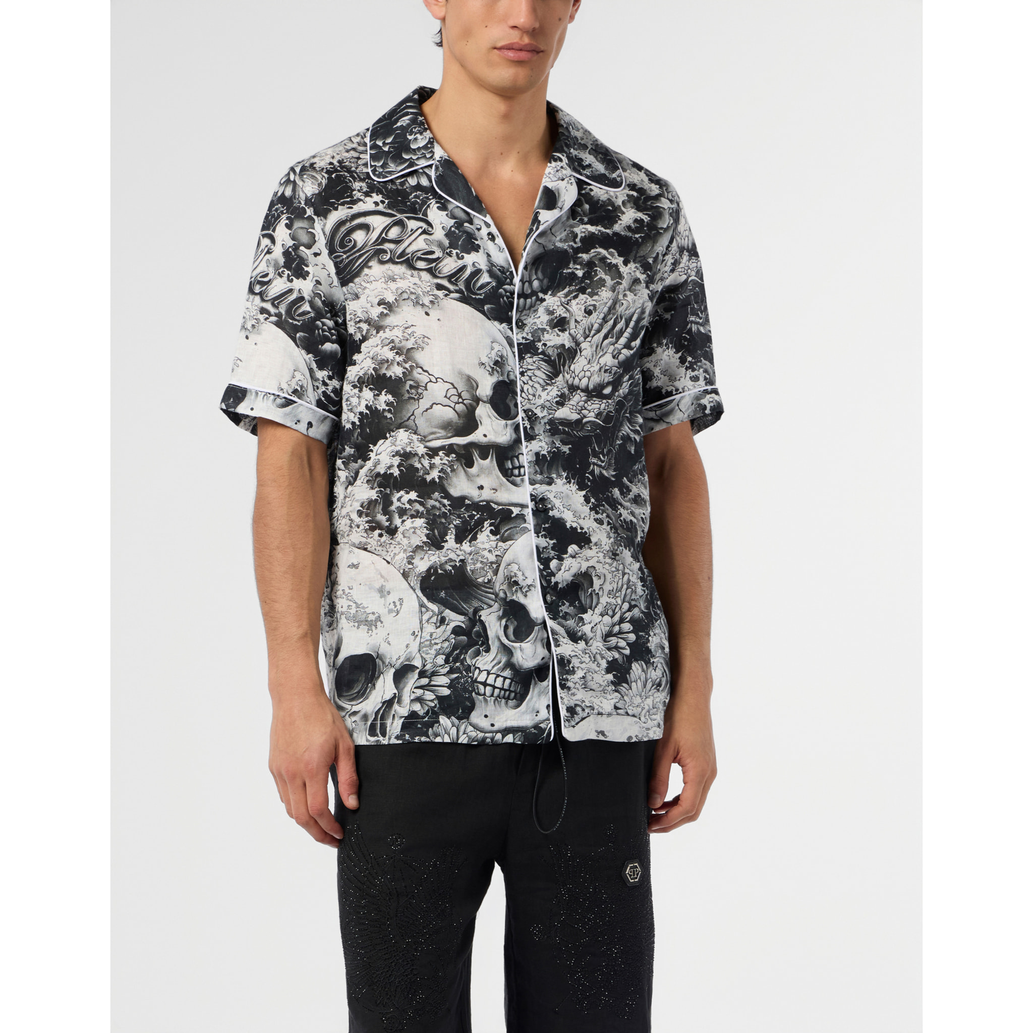 PHILIPP PLEIN Linen Bowling Shirt All-Over Ceramic