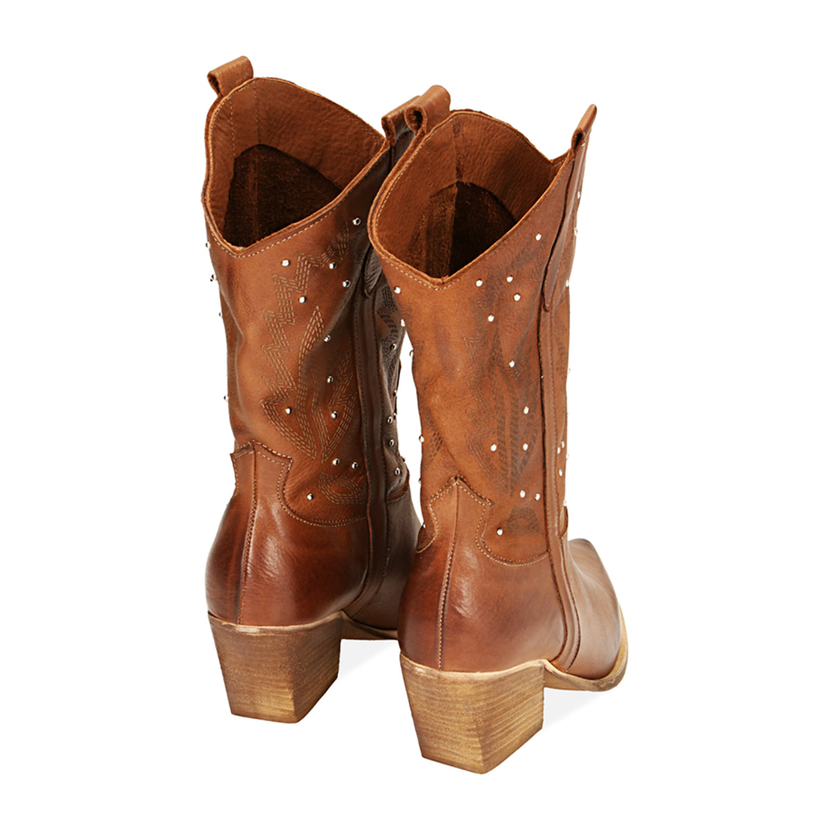 Stivali texani cognac in pelle, tacco 7 cm