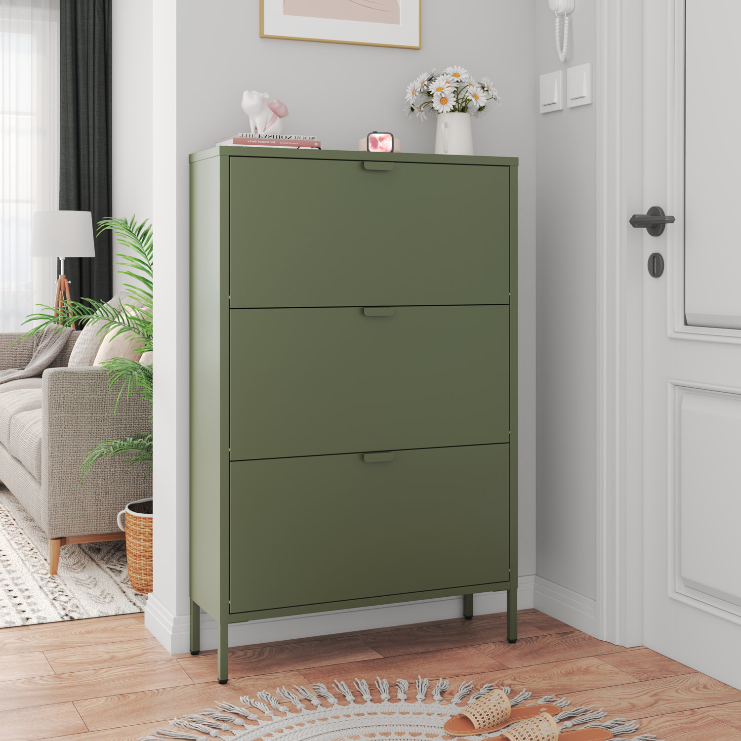 Meuble à chaussures 3 portes en métal vert kaki MARION