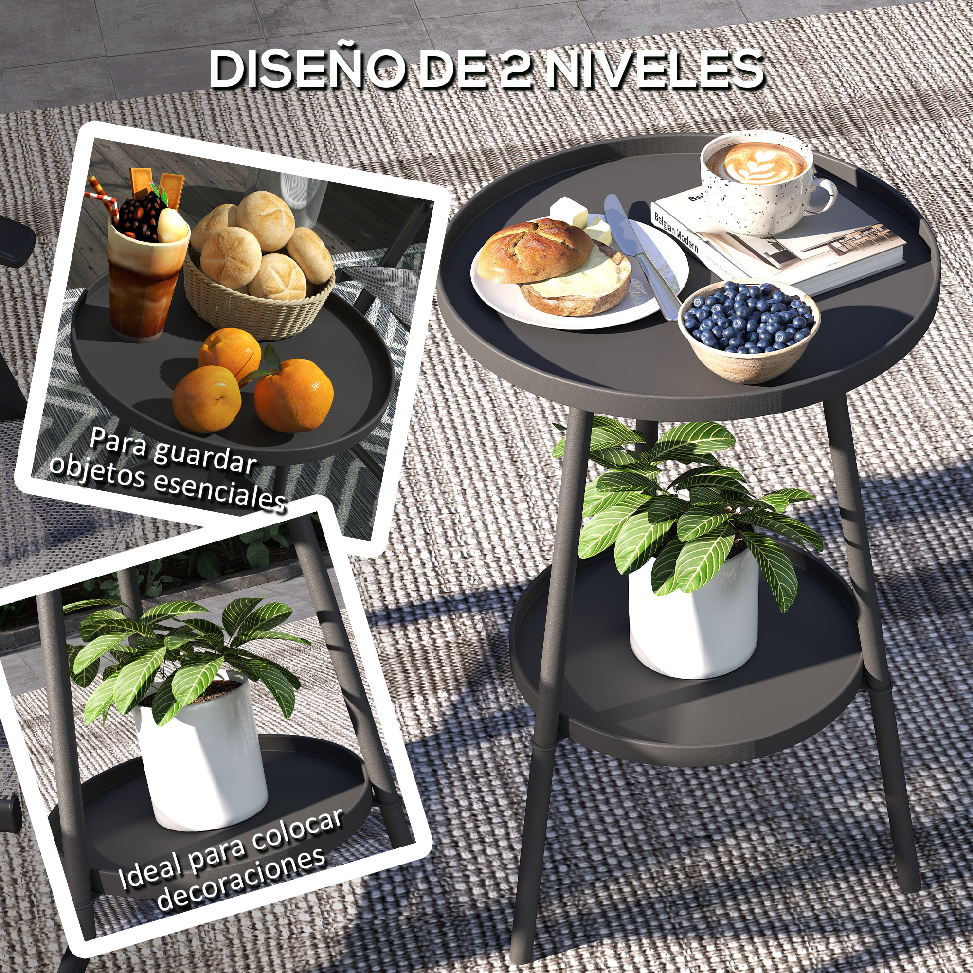 Mesa de Jardín Redonda de 2 Niveles Mesa de Terraza Exterior Ø32x51 cm con Bandeja Inferior y Estructura de Metal para Exterior e Interior Negro